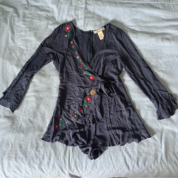 Flying Tomato Pants - Flying Tomato navy blue embroidered flowers wrap romper